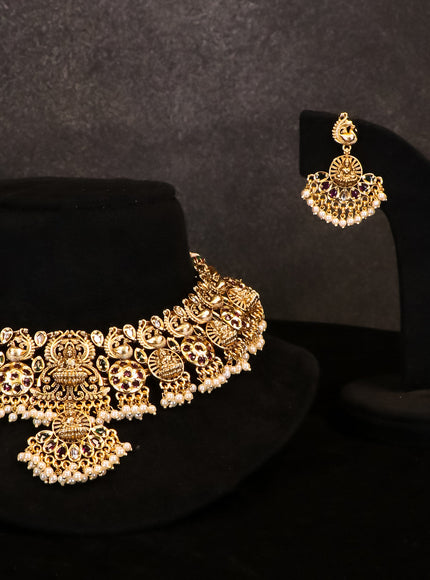 Antique peacock & lakshmi design necklace with kemp stone