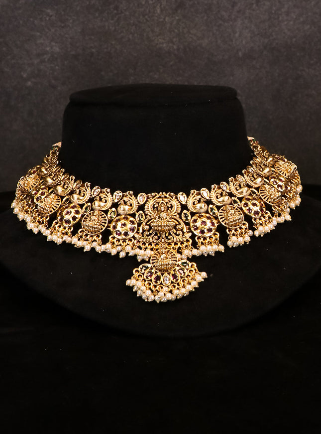 Antique peacock & lakshmi design necklace with kemp stone