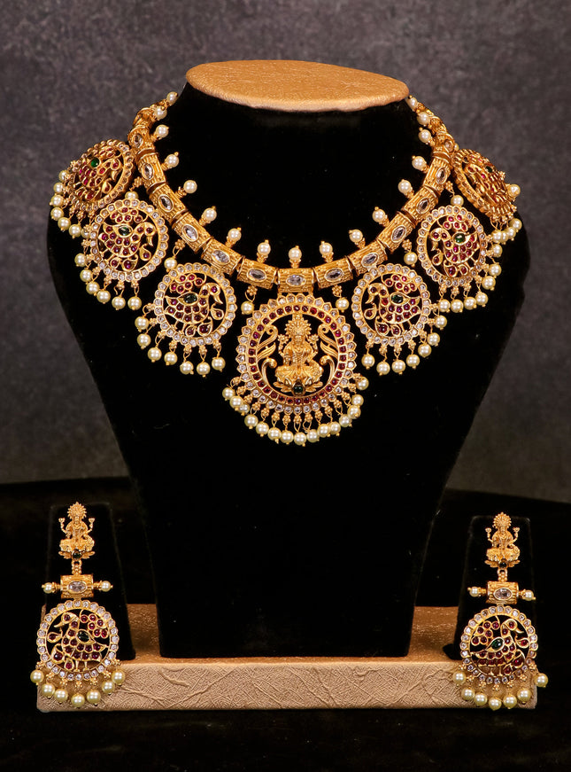 Antique lakshmi necklace with cz and kemp stone