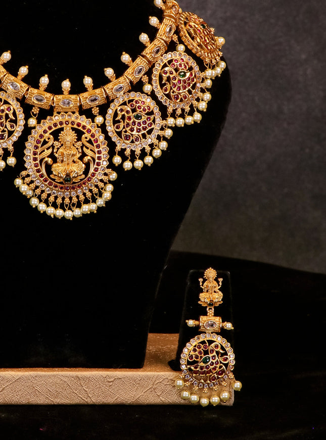 Antique lakshmi necklace with cz and kemp stone