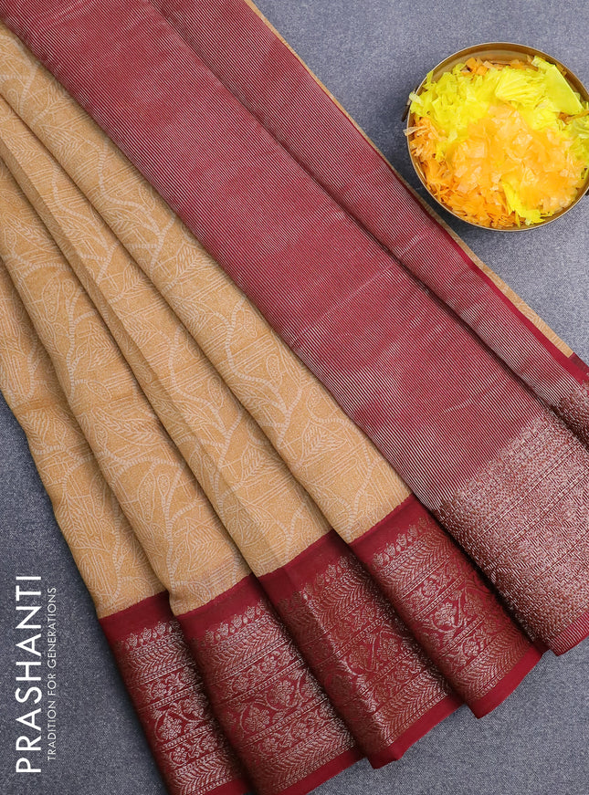Chanderi silk cotton saree sandal and maroon with allover prints and banarasi style border