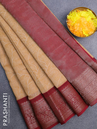 Chanderi silk cotton saree sandal and maroon with allover prints and banarasi style border