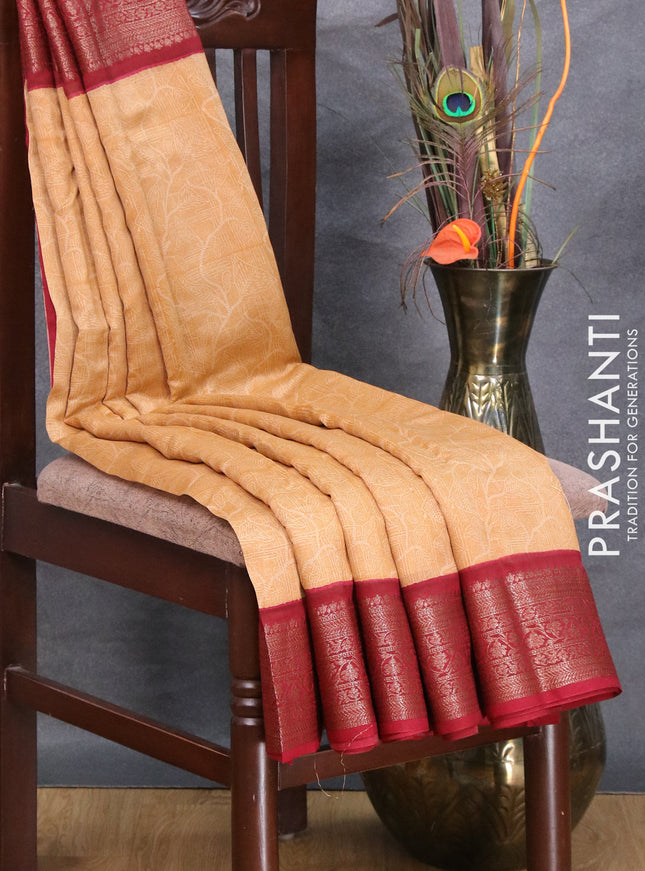 Chanderi silk cotton saree sandal and maroon with allover prints and banarasi style border