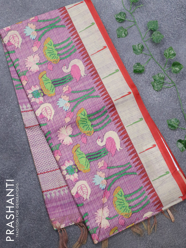 Kosa silk saree mild purple and beige with pichwai prints and paithani style border