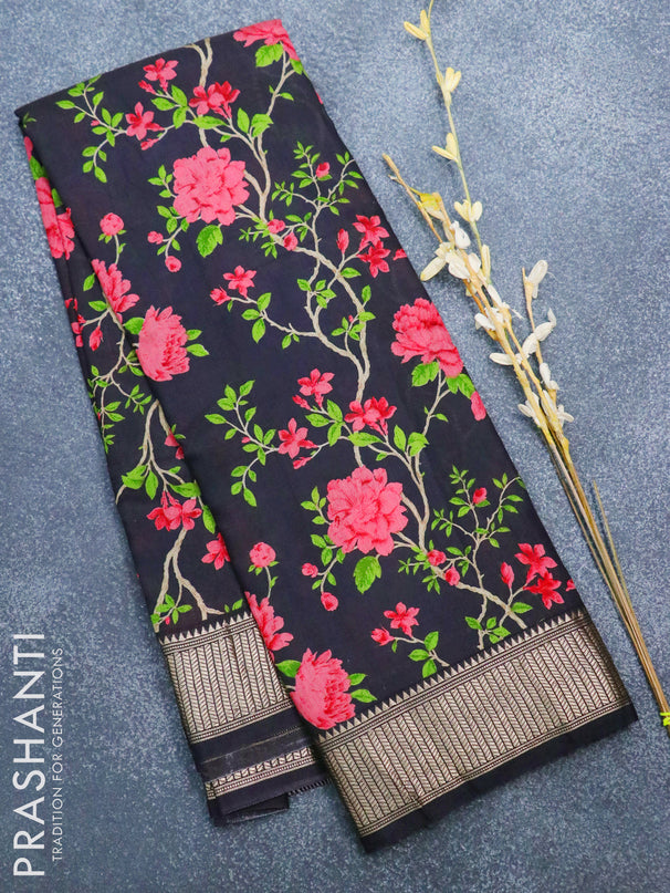 Semi gadwal saree black with allover floral prints and zari woven border
