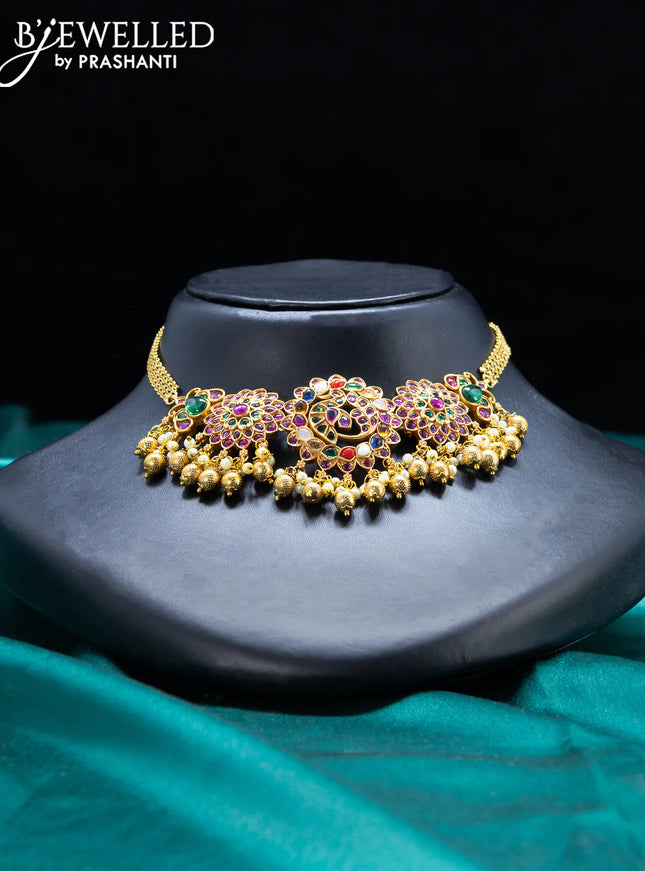 Antique choker with multicolour stone and golden beads hangings