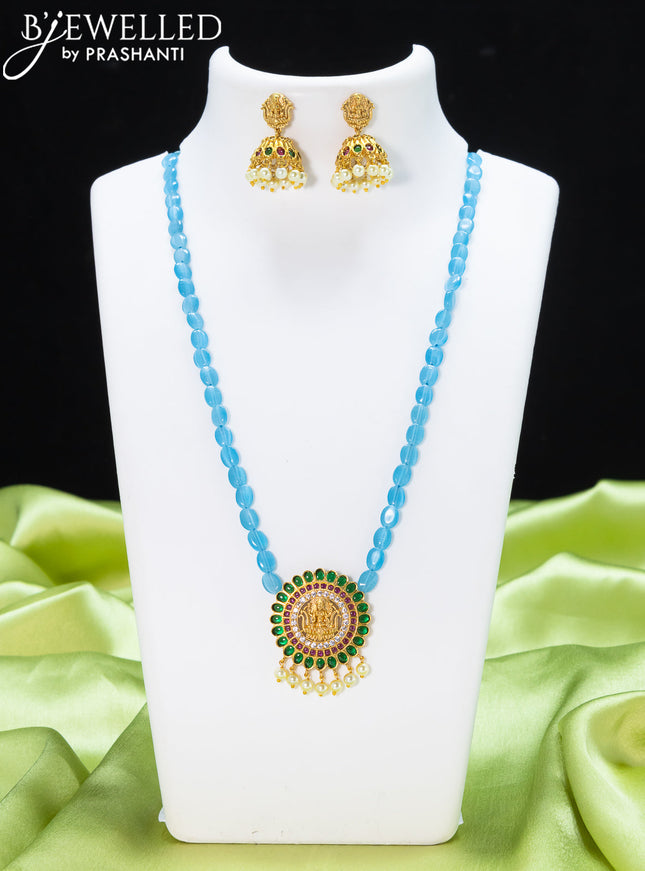 Beaded light blue necklace with kemp stone and lakshmi pendant
