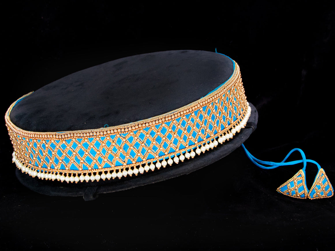 Hip belt light blue with aari work & pearls hanging