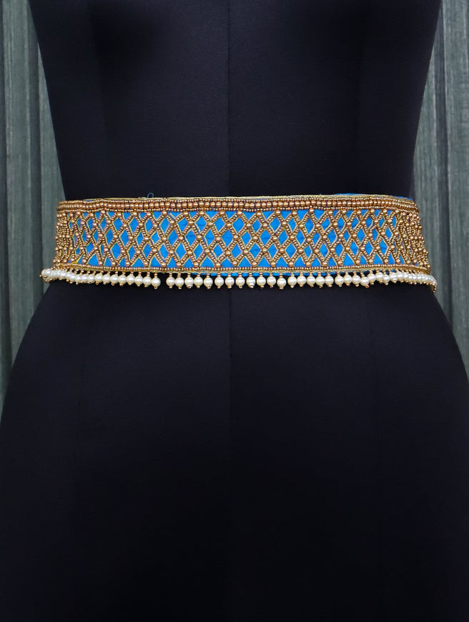 Hip belt light blue with aari work & pearls hanging