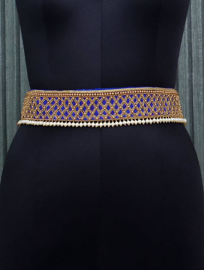 Hip belt blue with aari work & pearls hanging