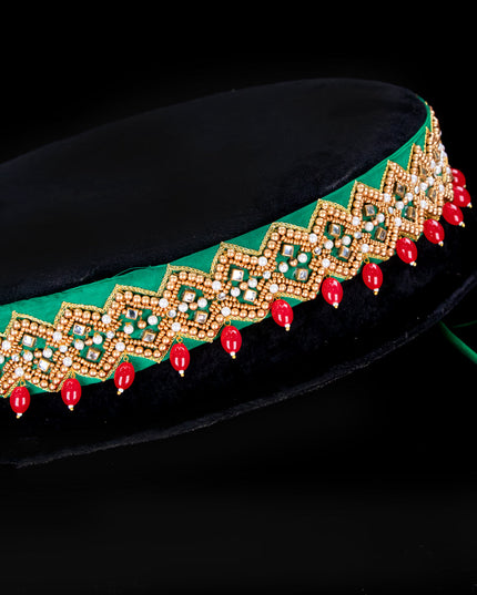 Hip belt green with aari work & beads hanging
