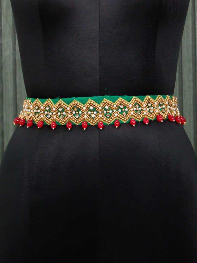 Hip belt green with aari work & beads hanging