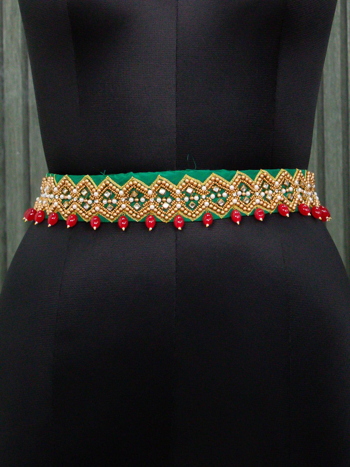 Hip belt green with aari work beads hanging