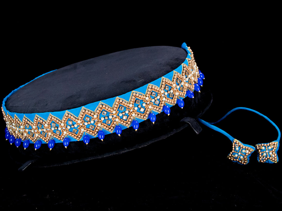 Hip belt light blue with aari work & beads hanging
