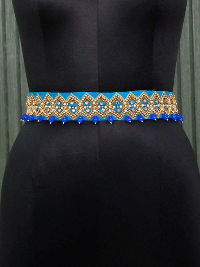 Hip belt light blue with aari work & beads hanging