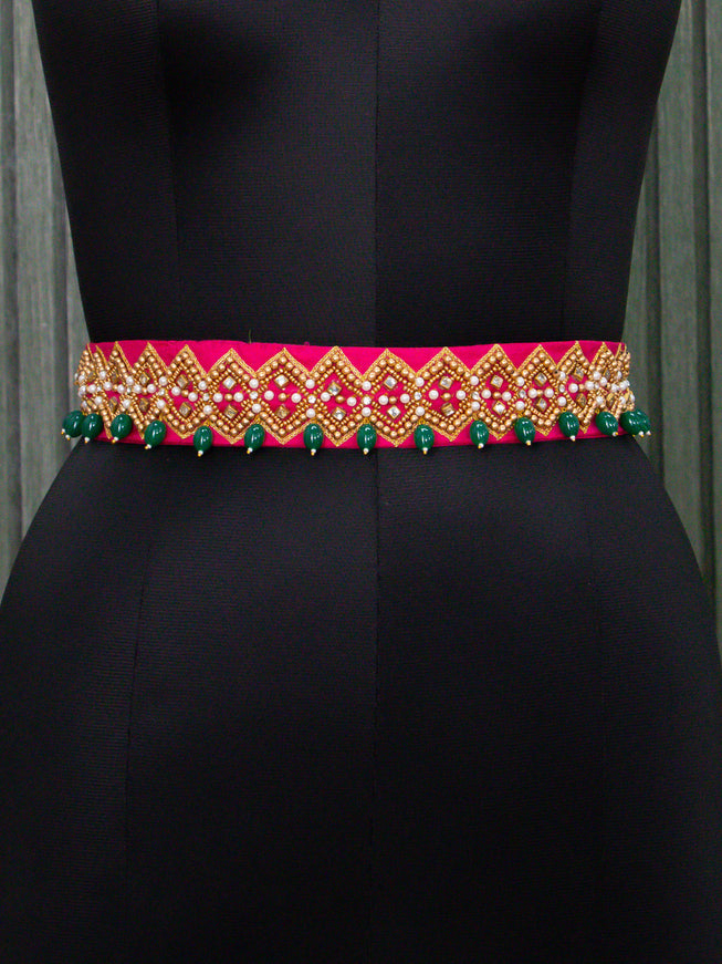 Hip belt pink with aari work & beads hanging