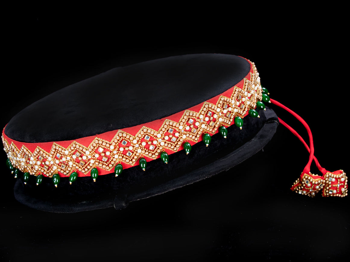 Hip belt red with aari work & beads hanging