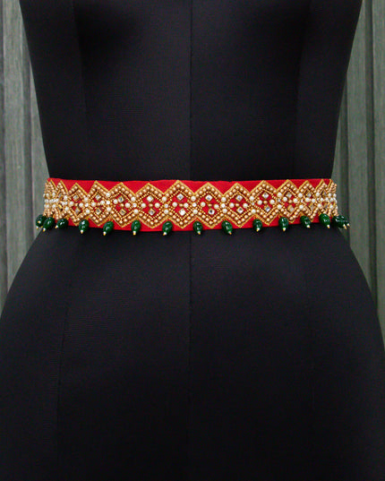 Hip belt red with aari work & beads hanging