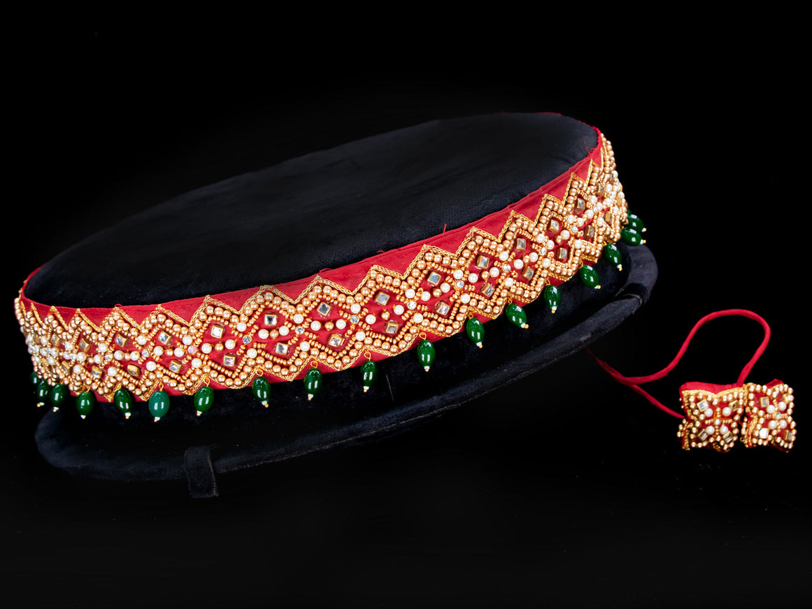 Hip belt maroon with aari work & beads hanging