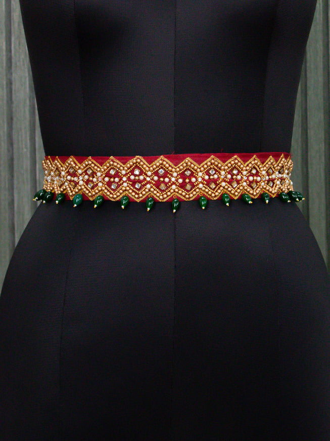 Hip belt maroon with aari work & beads hanging