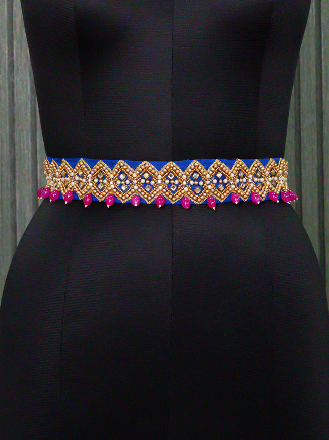 Hip belt blue with aari work & beads hanging