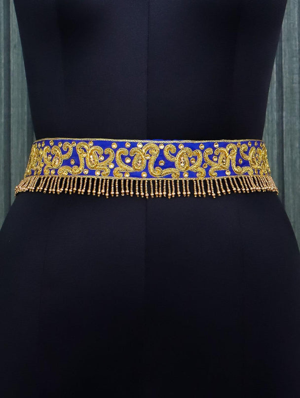 Hip belt blue with zardosi work & beaded hanging