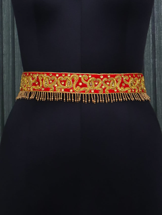 Hip belt red with zardosi work & beaded hanging