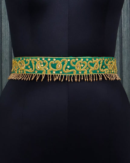 Hip belt green with zardosi work & beaded hanging