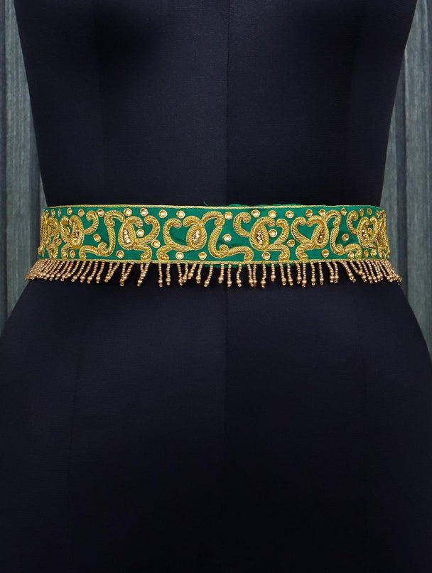 Hip belt green with zardosi work & beaded hanging