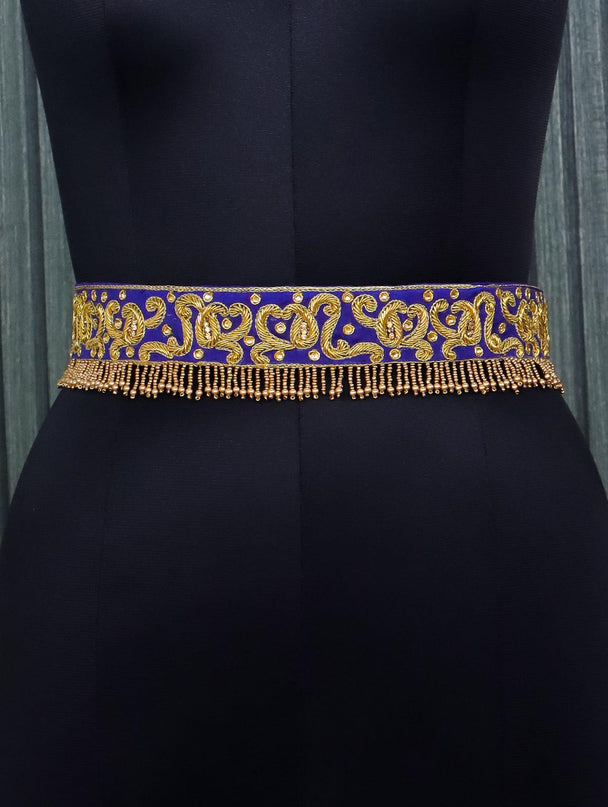 Hip belt blue with zardosi work & beaded hanging
