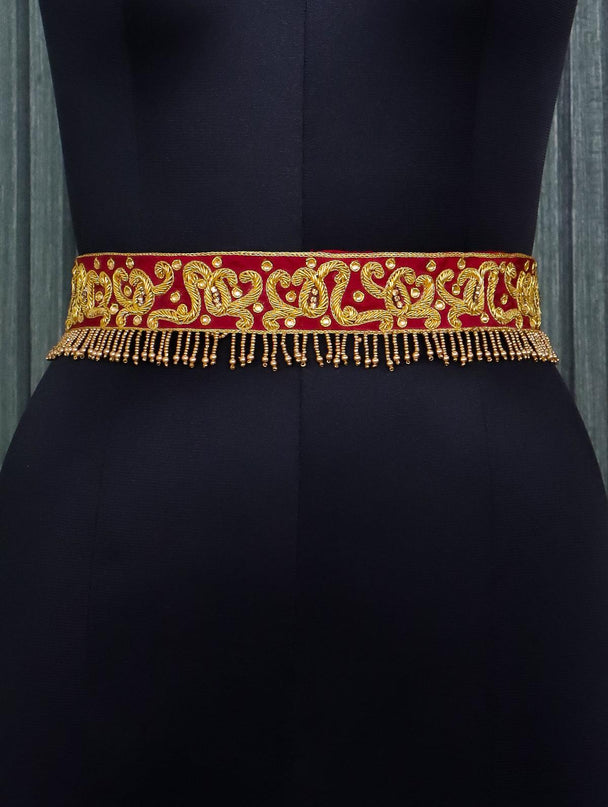 Hip belt maroon with zardosi work & beaded hanging