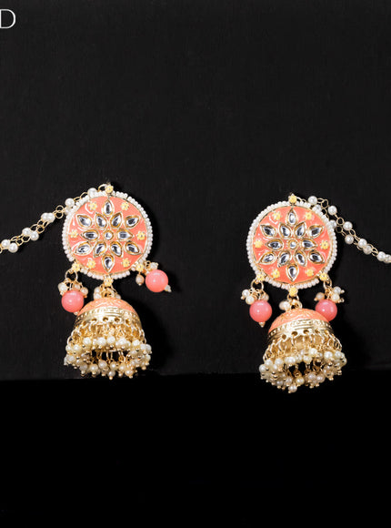 Light weight jhumkas with peach minakari and pearl maatal