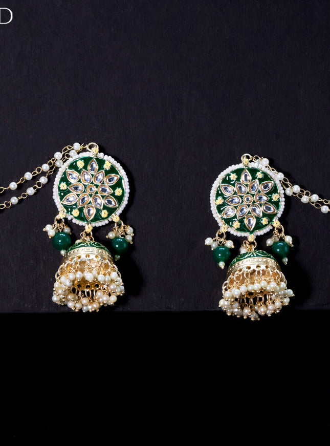 Light weight jhumkas with green minakari and pearl maatal