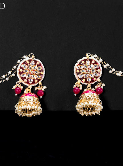 Light weight jhumkas with dark pink minakari and pearl maatal
