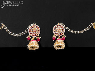 Light weight jhumkas with dark pink minakari and pearl maatal