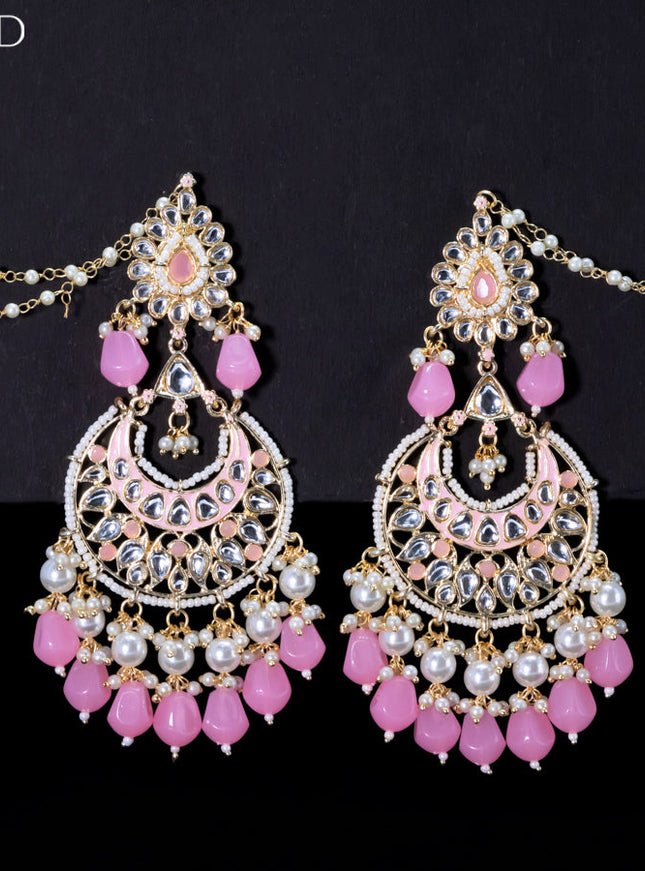 Light weight chandbali baby pink minakari earrings with pearl maatal
