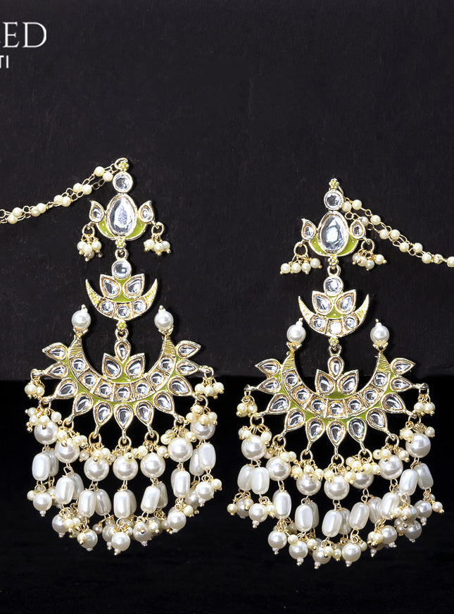 Light weight chandbali olive green minakari earrings with pearl maatal