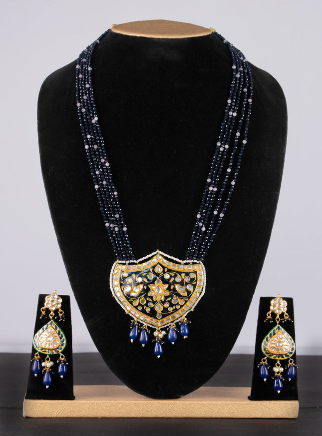 Jaipur crystal beaded blue mid length necklace with minakari pendant and hangings