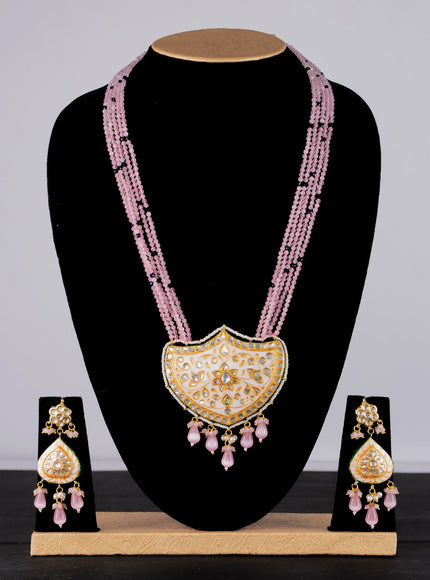 Jaipur crystal beaded baby pink mid length necklace with minakari pendant and hangings