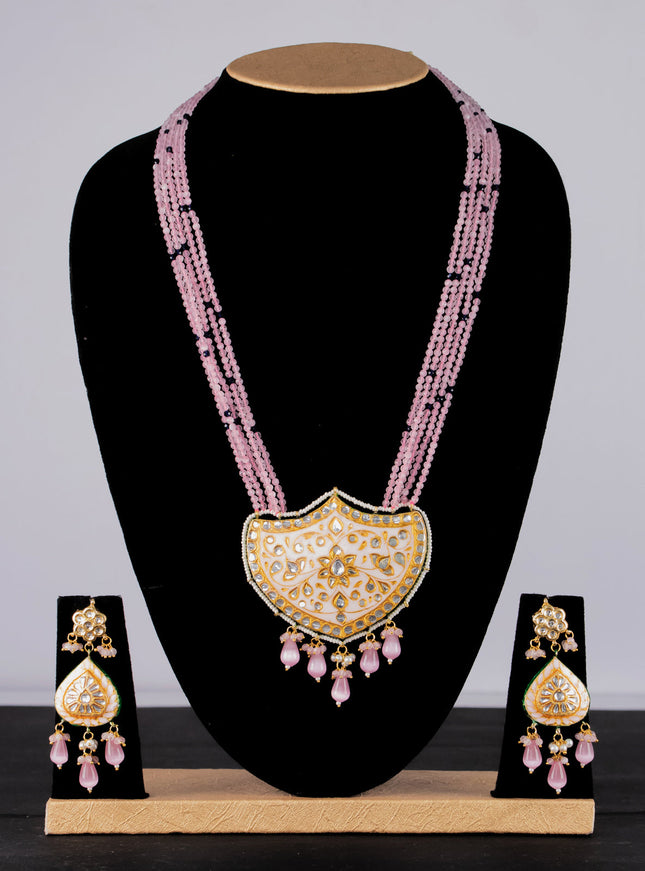 Jaipur crystal beaded baby pink mid length necklace with minakari pendant and hangings
