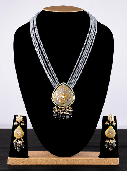 Jaipur crystal beaded grey mid length necklace with minakari pendant and hangings