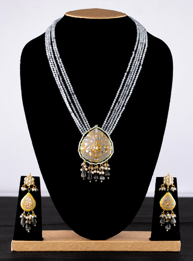 Jaipur crystal beaded grey mid length necklace with minakari pendant and hangings