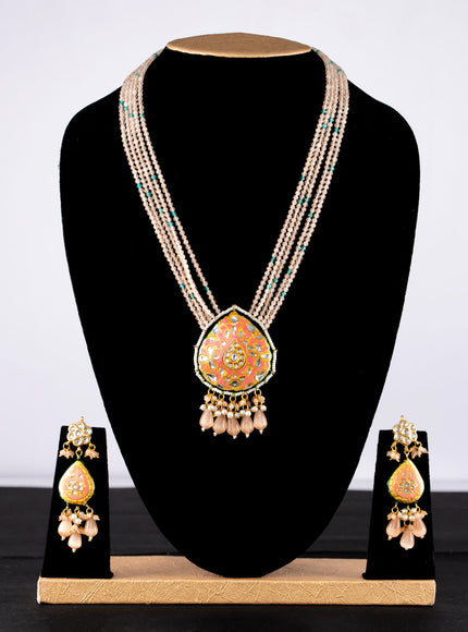 Jaipur crystal beaded peach mid length necklace with minakari pendant and hangings
