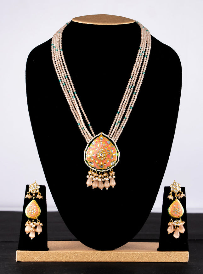 Jaipur crystal beaded peach mid length necklace with minakari pendant and hangings