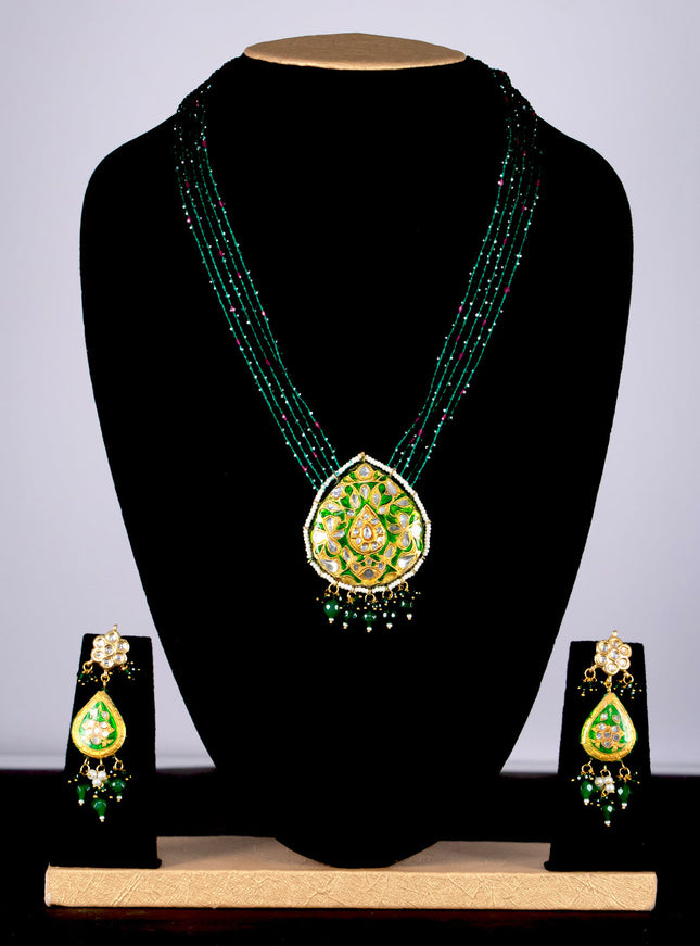 Jaipur crystal beaded green mid length necklace with minakari pendant and hangings