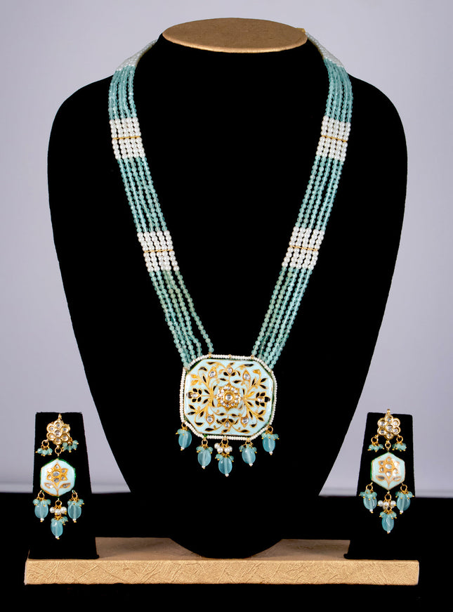 Jaipur crystal beaded light blue mid length necklace with minakari pendant and hangings