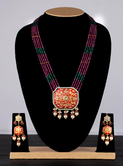 Jaipur crystal beaded pink mid length necklace with minakari pendant and hangings