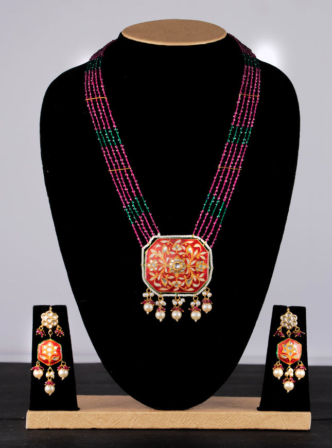 Jaipur crystal beaded pink mid length necklace with minakari pendant and hangings