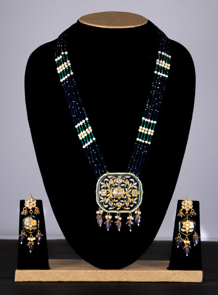 Jaipur crystal beaded blue mid length necklace with minakari pendant and hangings