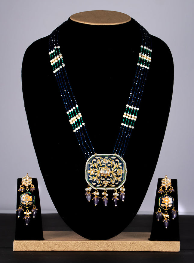 Jaipur crystal beaded blue mid length necklace with minakari pendant and hangings